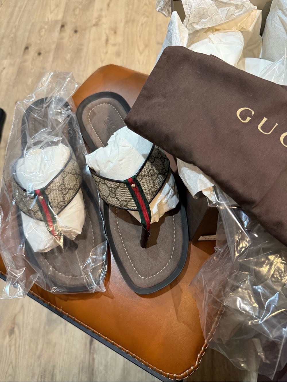 Gucci Brown Monogram Thong Sandals with Green-Red Stripe